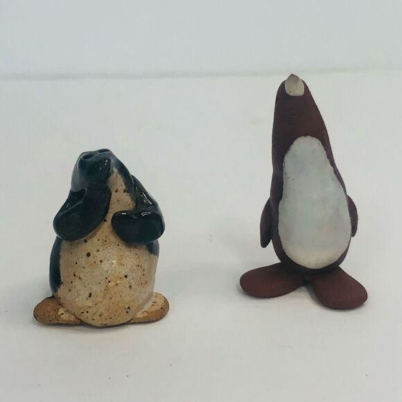 handmade handcrafted clay pottery penguins brown and black glazed 2.5 3 inch - Picture 3 of 12